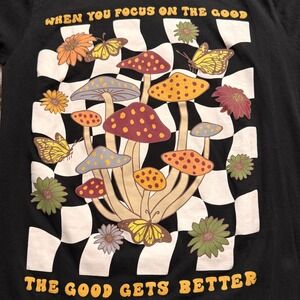 Black Obsessive Love Mushroom‎ Full Graphic Tee Indie Aesthetic Top Black Size S